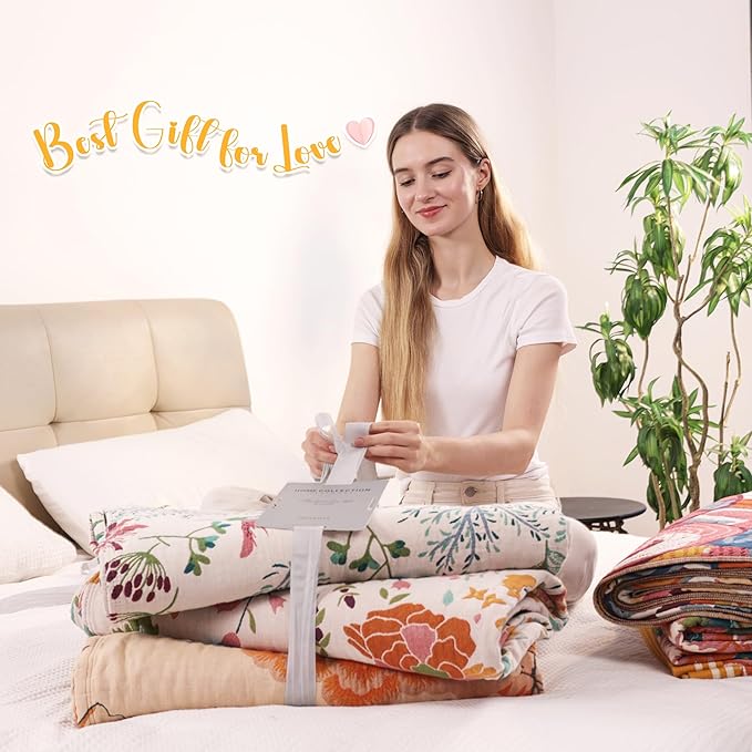 Boho Large Throw Blanket, 100% Organic Cotton Breathable Soft Bed King Throw - Fall Floral Bird Butterfly Farmhouse Decor Blanket for Sofa Couch Chair and Gift. 91" x 98"