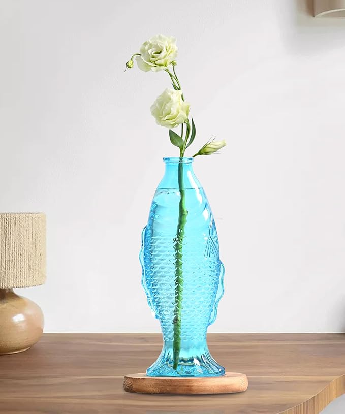 Nacome Fish Vase Glass Plant Terrarium with Wooden Stand,Planter Propagation Station for Home Office Hydroponics Desk Decoration,Unique Gardening Gifts for Plant Lovers Women Mom(Blue)