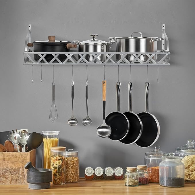 MyGift Wall Mounted Silver-Tone Metal Hanging Kitchen Pots, Pans and Utensils Storage Cookware Rack with 12 Removable S-Hooks and Top Display Shelf for Condiments Spice Rack