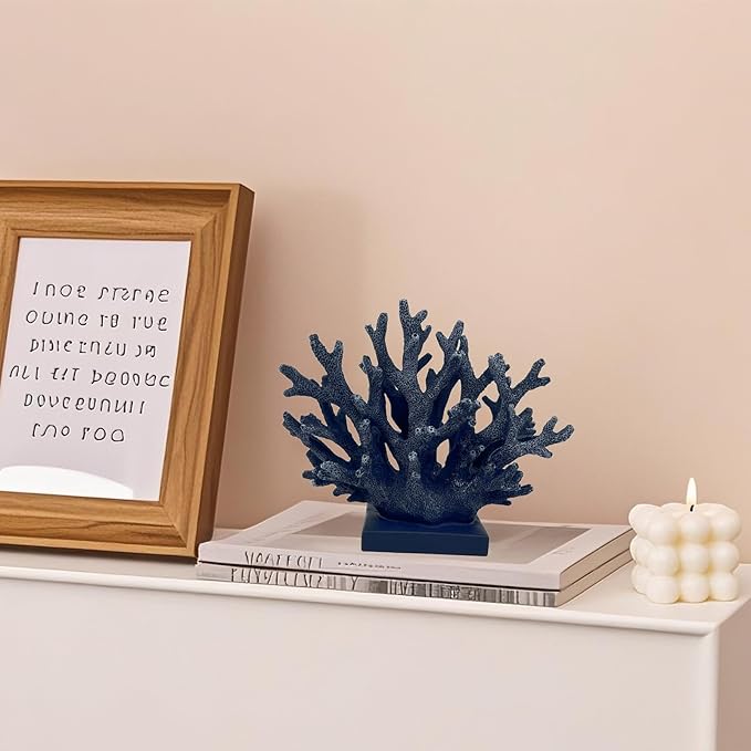 5.8" H Dark Blue Coral Decor - Resin Coral Statue, Nautical Decor for Home, Bedroom, Bathroom, Living Room, Ocean Themed Cabinet Shelf Tabletop Decoration