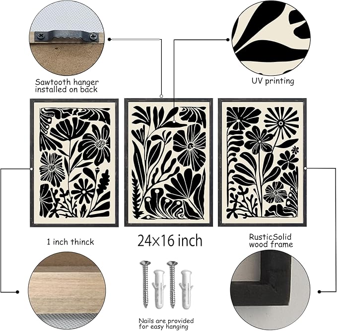 Abstract Floral Botanical Wall Art 16x24 Inch 3 Piece Black Vintage Boho Plant Flower Minimalist Wood Frame Sign Home Living Room Family Office Mid Century Print Wall Hanging Decor (Black)