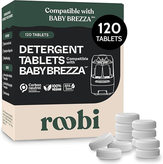Roobi Detergent Tablets Compatible with Baby Brezza Bottle Washer Pro. Removes Milk Residue & Odor, Hypoallergenic Carbon Neutral Formula. 120 Count.