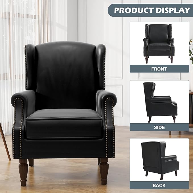 UIXE Faux Leather High Back Accent Chairs Set of 2, Upholstered Armchair for Living Room, Retro Wingback Arm Chair Nailhead Trim Single Sofa Bedroom Reading Seat with Solid Wood Legs - Black