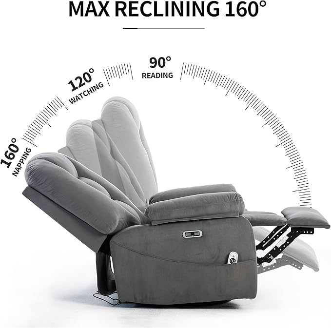 Power Swivel Rocker Recliner Chair for Adults,Rocking Recliners Chairs with Massage and Heat for Living Room, Electric Fabric Reclining Sofa Chair with USB and Type-C Port (Gray)