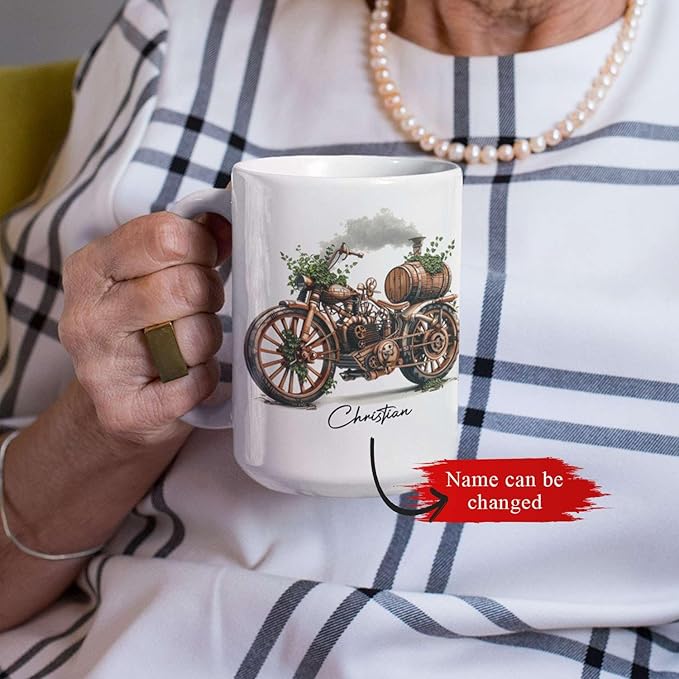Customized Steampunk Motorcycle Mug With Vintage Design, Personalized Choose Name Coffee Cup 11oz Or 15oz, Custom Steampunk Mug, Unique Steam Engine White Ceramic Mug, Gift For Dad