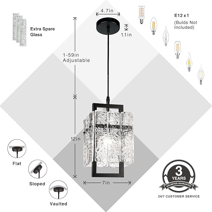 IKK Black Crystal Pendant Light for Kitchen Island, Luxury Water Ripple Glass Chandelier Lights Fixture, Modern Elegant Adjustable Pendant Lighting for Dining Room Bedroom, E12 Bulb, L6.5'' x H11.8''