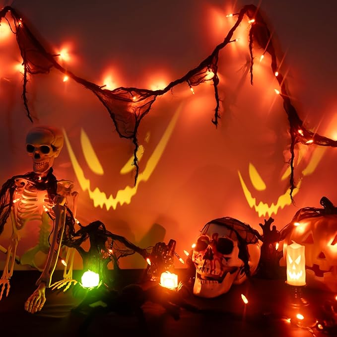 Halloween Horror Atmosphere Lights, Orange&Purple LED String Lights with 9.9FT Creepy Black Gauze, Battery Powered with Timer & 8 Flashing Modes (Orange)