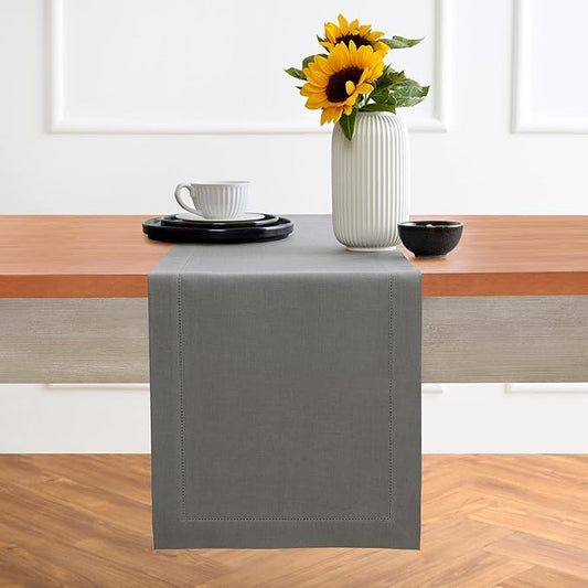 Solino Home Linen Steel Gray Table Runner 90 Inches Long - 100% Pure Linen Hemstitch 14 x 90 Inch Table Runner for Dining, Fall, Autumn - Classic Hemstitch