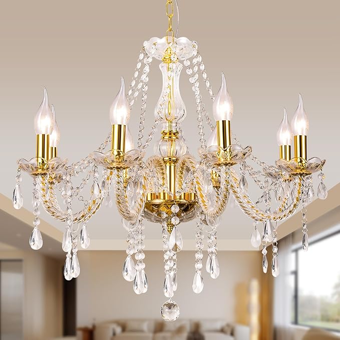 Modern Elegant 8 Lights K9 Crystal Glass Chandelier Golden Pendant Ceiling Lighting European Style for Dining Living Room Bedroom Transparent, 8 E12 Bulbs Required