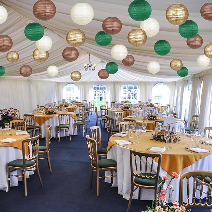 Paper Lanterns Green Brown Gold Round Hanging Chinese Lanterns for Birthday Party Gender Neutral Woodland Baby Shower Decorations Pack of 12