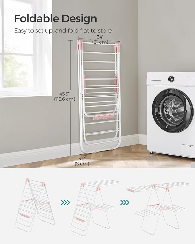 SONGMICS Clothes Drying Rack, Foldable 2-Level Laundry Drying Rack, Free-Standing Laundry Airer, with Height-Adjustable Wings, 33 Drying Rails, Sock Clips, White and Pink ULLR053P01V1