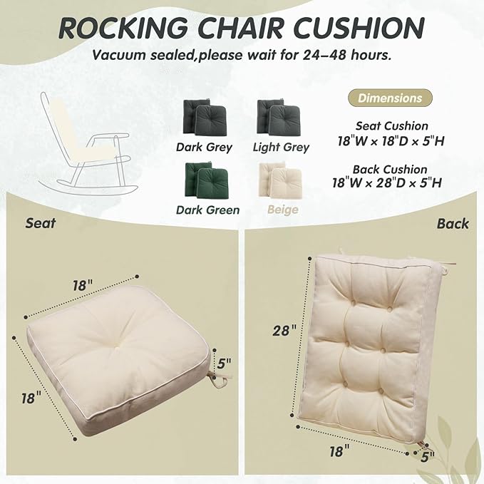 YZ HOME Rocking Chair Cushion, Set of Thicken Seat & Back Chair Cushions with Memory Foam, Non-Slip Chair Pad with Ties for for Indoor&Outdoor Rocker, Beige, 28 * 18 * 5/18x18x5