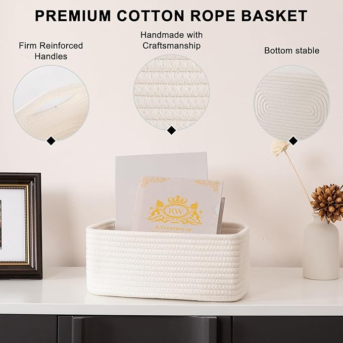4 Pack Small Storage Shelf Baskets for Organizing, Mini Woven Rope Storage Bins for Towels, Cute Decorative Closet Organizer，Baby Nursery, Gift Empty Baskets -11.81''Lx7.87''Wx4.72''H-White