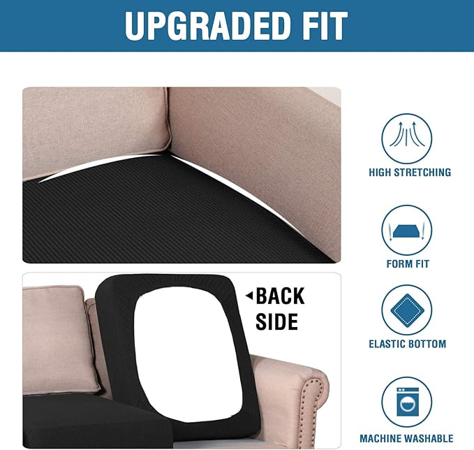 H.VERSAILTEX Super Stretch Individual Seat Sofa Covers Couch Slipcover Sets Thick Jacquard Textured Twill Fabric (3 Piece XL Cushion Covers, Black)