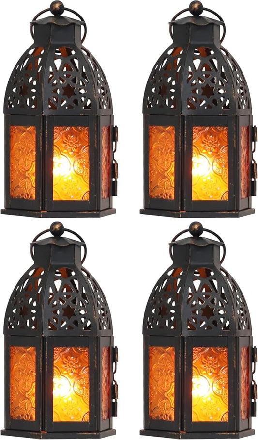 NEEDOMO Set of 4 Moroccan Candle Lantern, 9" Ramadan Lanterns Decorative Indoor Outdoor, Vintage Candle Holder for Chritsmas, Halloween, Table, Patio, Porch, Shelf, Ramadan Decorations (Amber)