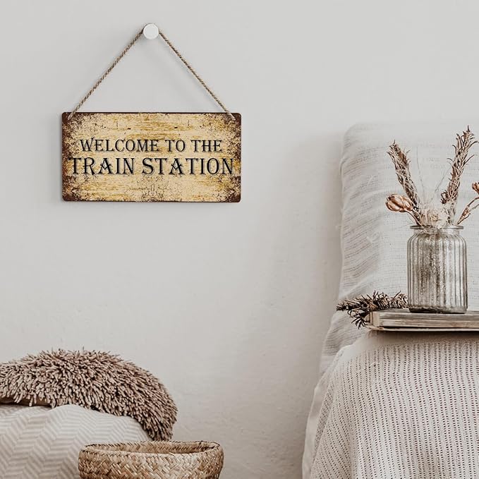 SENJIAN Rustic Train Station Wood Decor Sign, Retro Welcome to the Train Station Printed Wood Sign Wall Art, Hanging Door Sign, Decorative Wood Sign Home Decor 12" x 6"