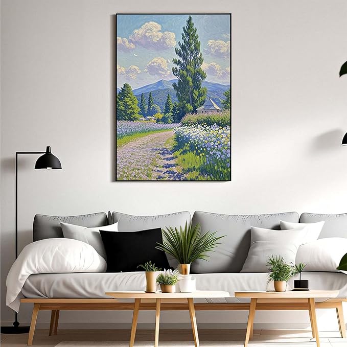 Countryside wildflowers landscape canvas poster natural plant flower artwork retro pastoral flower path suitable for farmhouse decoration