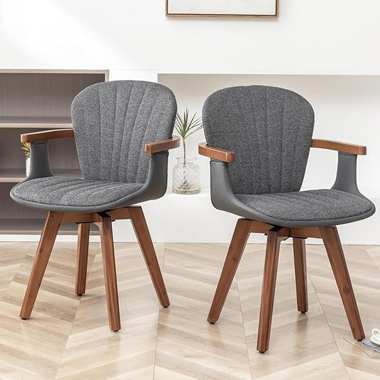 LUNLING Swivel Dining Chairs Set of 2, Mid Century Modern Gray Fabric+Faux Leather Kitchen Chairs with Arms,Bamboo Legs Side Chairs No Wheels,Accent Chair for Dining Rooms and Offices(Gray Fabric)