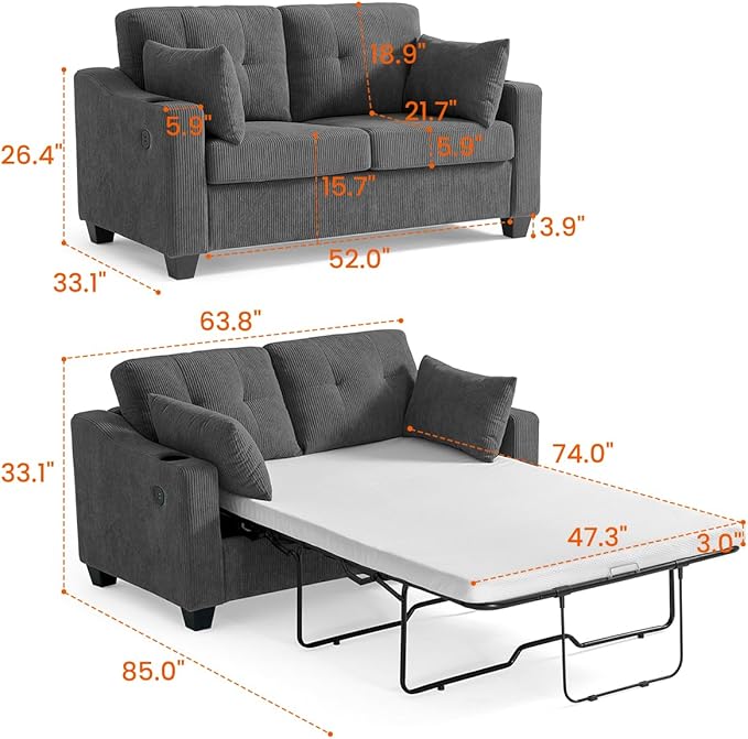 Pull Out Sofa Bed, Full Size Sleeper Sofa, 2-in-1 Convertible Corduroy Couch with USB Charging, Memory Form Couch for Living Room, Apartment and Small Space (Dark Grey, Corduroy - Full Size)