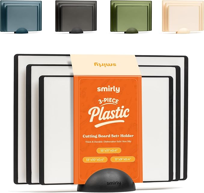 SMIRLY Plastic Cutting Board Set with Holder 3 Pieces, Non-Slip Dishwasher Safe Chopping Boards for Kitchen, Black & White