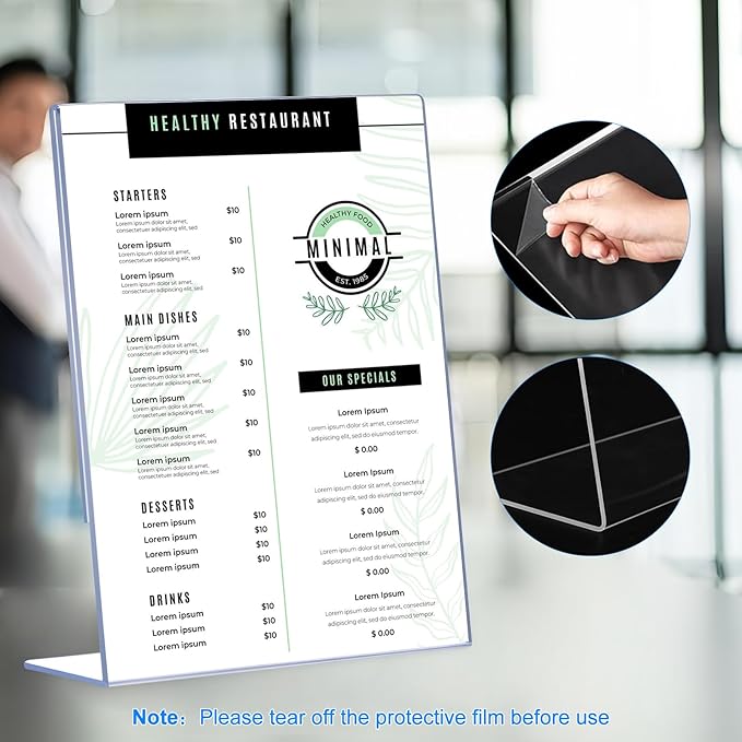 6 Pack Acrylic Sign Holder 8.5 x 11, Clear Plastic Display Stands for Tabletop, L-Shape Acrylic Stands for Flyers, Documents, Office, Restaurants, Vertical Sign Holder 8.5x11 for Desktop