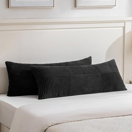 Fancy Homi Set of 2 Black Boho Long Lumbar Body Decorative Throw Pillow Cover 14x36 Inch for Bed Couch Bedroom Bench, Soft Patchwork Corduroy Textured Pillow Case, Rustic Farmhouse Room Décor