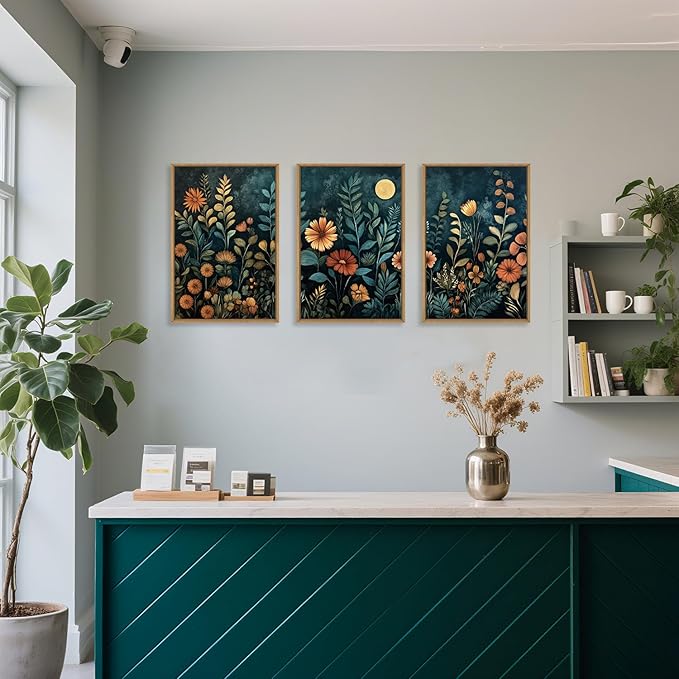 Vintage Dark Botanical Framed Canvas Wall Art Set, Colorful Floral Wall Decor, Nature Wildflower Wall Painting, Colorful Blossom Art Prints for Living Room, Bedroom, Office - 16"X24"X3