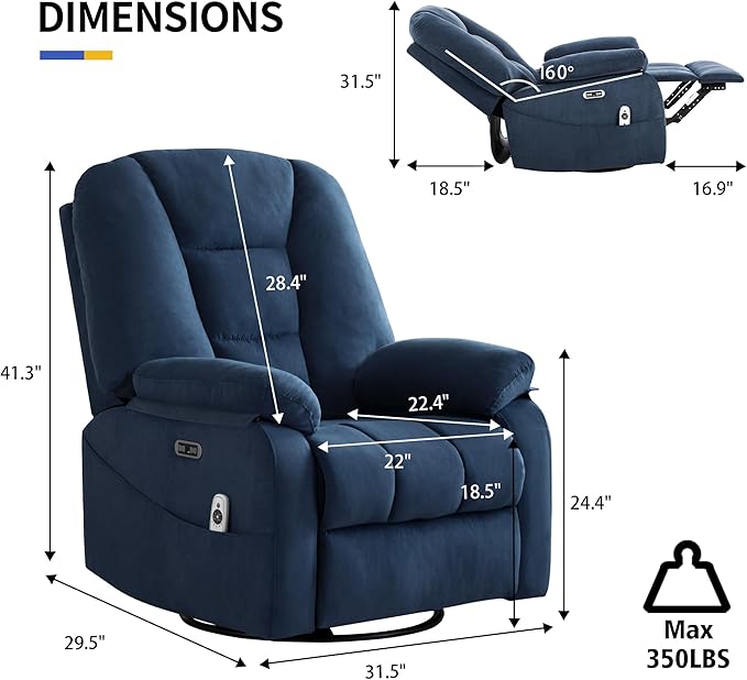 Power Swivel Rocker Recliner Chair for Adults,Rocking Recliners Chairs with Massage and Heat for Living Room, Electric Fabric Reclining Sofa Chair with USB and Type-C Port (Fabirc Blue)