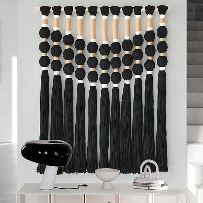 Macrame Wall Hanging Boho Wall Decor Black Fiber Yarn Wall Art Handmade Cotton Spherical Knot for Living Room Bedroom Nursery Office Home Decor27" W x 33" L