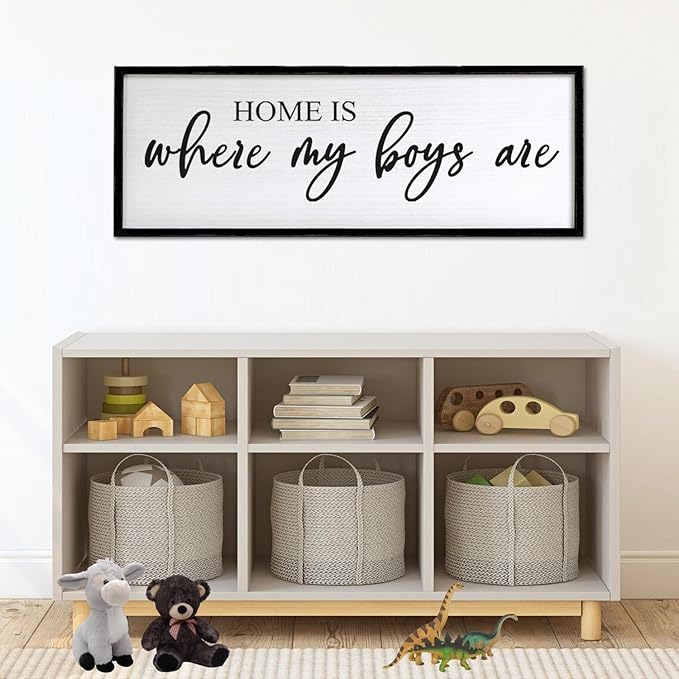 Home is Where My Boys are Sign Framed Wall Art, 40''×15'' Rustic Horizontal My Son Plaque with Black Frame for Baby Kid Boy Son Teen Toddlers Room, Horizontal Mom of Boys Gifts Nursery Decor