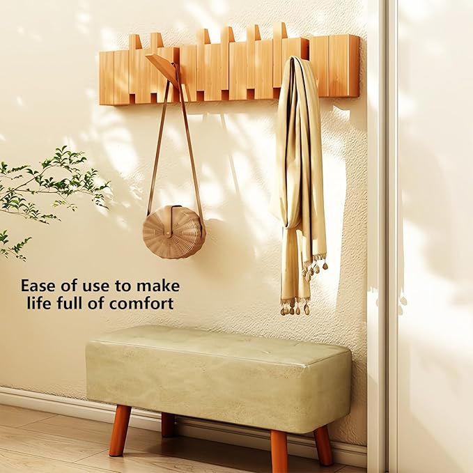 Wall Mounted Piano Key Hanger | Flip Style Hook | Entrance Wall Art Hook, Made of Oak Wood (3 Times Painted, 4 Times Polished) (Beech, 6Hooks)