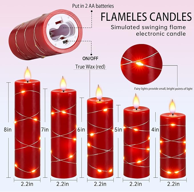 Red Flameless Candle with Remote Control LED Candle with String Lights Battery Powered Flameless Candle4'' 5'' 6'' 7'' 8'' Candles of 5 Pcs
