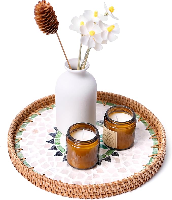 Round Rattan Tray with Mother of Pearl Inlay & Wooden Base - Decorative Wicker Serving Tray for Coffee/Bread/Fruits, Food Storage & Display - Multipurpose Home Decor (M,Bohemia)