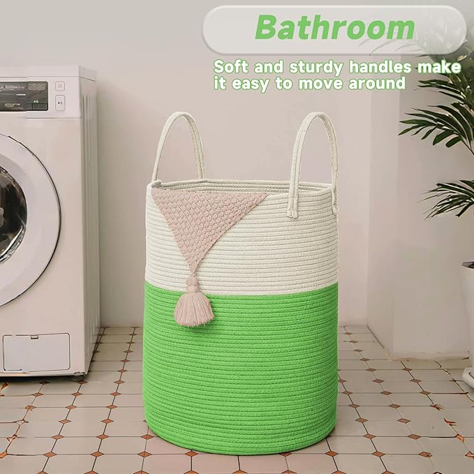 Large Woven Laundry Basket Hamper,60L Cotton Rope Storage Bin for Blankets,Toys and Clothes,Decorative Tall Nursery Hamper for Living Room,Baby Nursery,Bathroom and Bedroom,Light Green
