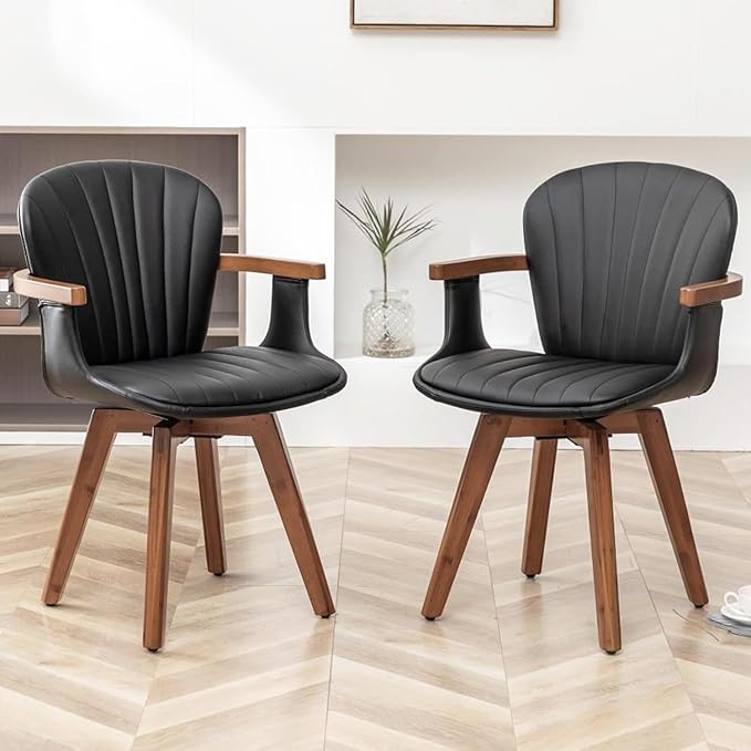LUNLING Swivel Dining Chairs Set of 4, Mid Century Modern Black Faux Leather Kitchen Chairs with Arms,Bamboo Legs Side Chairs No Wheels,Accent Chair for Dining Rooms and Offices