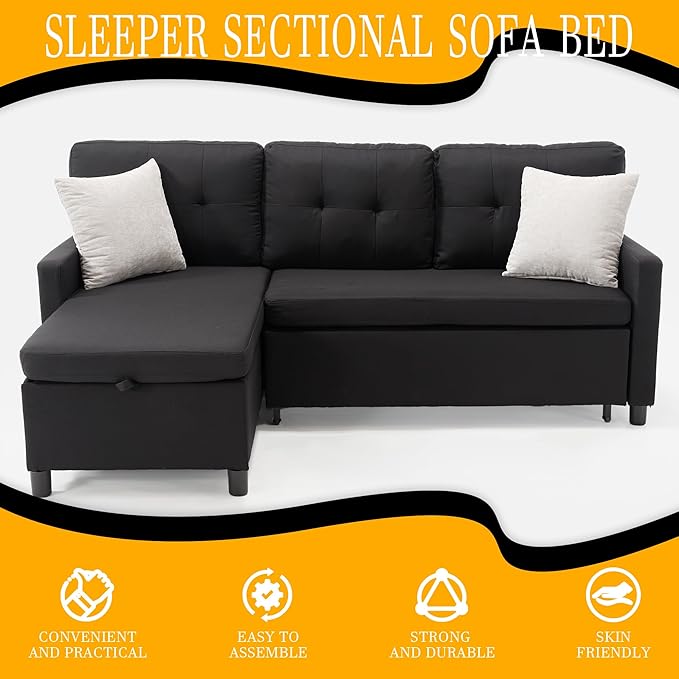 Pull Out Couch, Oversized Sleeper Sofa Couch, Sectional Sleeper Sofa Bed for Living Room Bedroom Lounge (Black, 73 Inch)