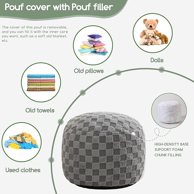 HIGOGOGO Round Stuffed Pouf Ottoman, Plaid Poufs with Foam Chunk Filling, Fluffy and Furry Pouf Foot Stool Storage Ottoman, 20 X 15 Floor Poufs Foot Rest for Living Room, Grey