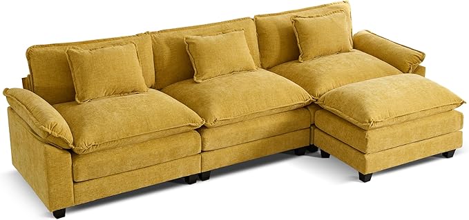 URRED Modular Sectional Sofa Comfy Cloud Couch, Modern Chenille Sofa Sleeper Deep Seat Couches with Ottoman/Pillows for Living Room (Yellow, 117''- L Shape)