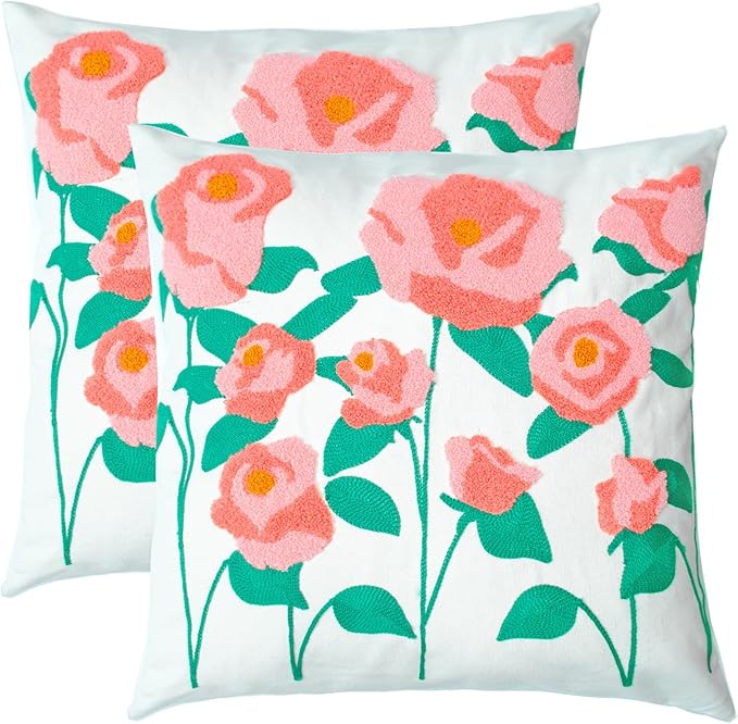 Embroidered Decorative Throw Pillow Cover, 18"x18" Set of 2, Farmhouse Pillowcase Pink Rose Knit Pattern Cotton Canvas Cushion Case Square Floral Pillow Case for Sofa Couch Bed Living Room…