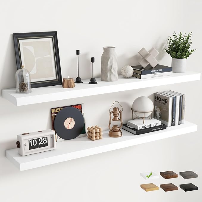 55 Inch Floating Shelves for Wall Set of 2, 8"D Wood Grain Bathroom Shelves with Invisible Brackets, Easy Install Engineered Wood Storage Shelves for Kitchen, Living Room, Bedroom, White Finish