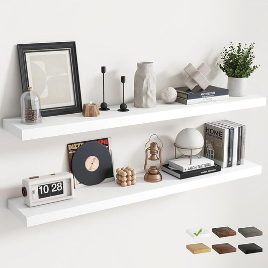 55 Inch Floating Shelves for Wall Set of 2, 8"D Wood Grain Bathroom Shelves with Invisible Brackets, Easy Install Engineered Wood Storage Shelves for Kitchen, Living Room, Bedroom, White Finish