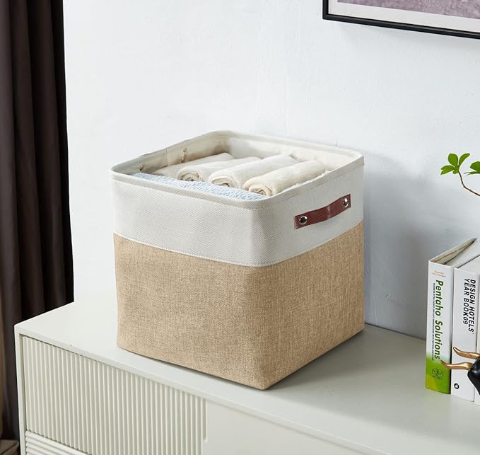DECOMOMO 13 Inch Cube Storage Bins, Fabric Storage Cube, Basket for Kallax Shelves (Beige & White, Cube 13" - 4 Pack)