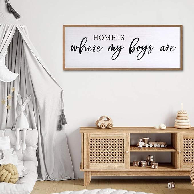 Home is Where My Boys are Sign Framed Wall Art, 40''×15'' Rustic Horizontal My Son Plaque with Natural Frame for Baby Kid Boy Son Teen Toddlers Room, Horizontal Mom of Boys Gifts Nursery Decor