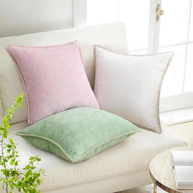 decorUhome Chenille Soft Throw Pillow Covers 22x22 Set of 2, Farmhouse Velvet Neutral Decorative Euro Pillow Covers with Stitched Edge for Couch Sofa Bed Home Decor, Cream White