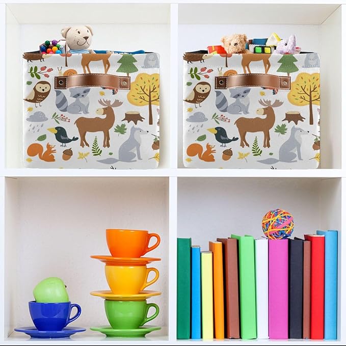 Storage Basket Bin Cute Woodland Animals Organizer Collapsible Shelf Basket Cube with Handle for Nursery Bedroom Bathroom