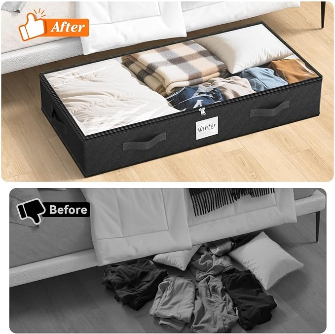 SpaceWhisper 90L Under Bed Storage Containers, 8-Pack Storage Bins with Clear Top, Foldable Closet Organizers and Storage with Label Holder for Clothing, Blankets, Comforter & Pillows(Black)