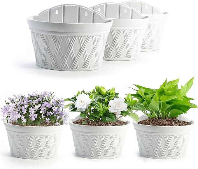 Sungmor Wall Hanging Planters,11.5 Inch Hanging Flower Pots for Railing Fence - Indoor Outdoor Balcony Wall Hanging Basket, Plastic Plant Pot Container - Half Round & 3PC Pack & Grey White