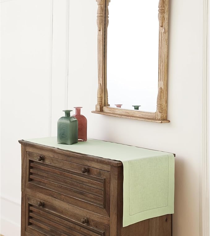 Solino Home Linen Table Runner 60 Inches - 100% Pure Linen Sage Green Hemstitch Table Runner 14 x 60 Inch Ideal for Dresser and Coffee Tables - Fall, Autumn, Thanksgiving - Classic Hemstitch