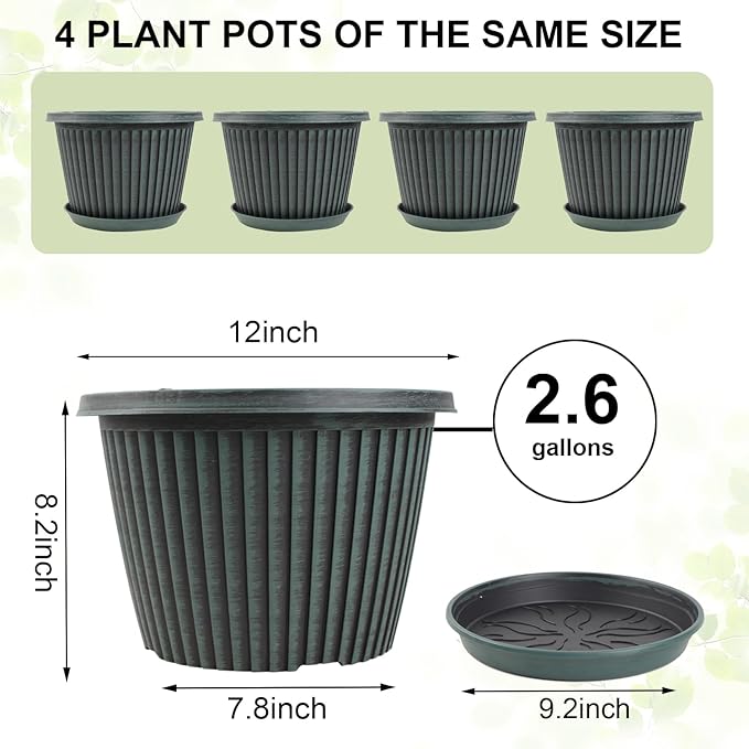 12 inch Plant Pots Indoor Outdoor, 4 Pack Large Planter, Plastic Flower Pots with Saucer and Drainage Holes, Modern Decorative Resin Garden Pots for House Plants