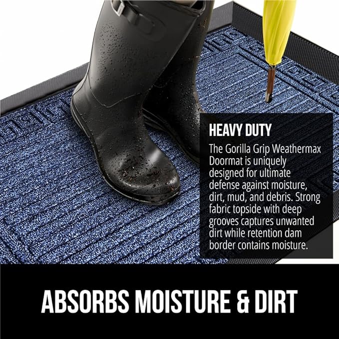 GORILLA GRIP 100% Waterproof All-Season WeatherMax Doormat, 72x24, US Designed Natural Rubber, Stain and Fade Resistant, Low Profile Indoor Outdoor Door Mats, Easy Clean Patio Mat, Navy Greek Keys